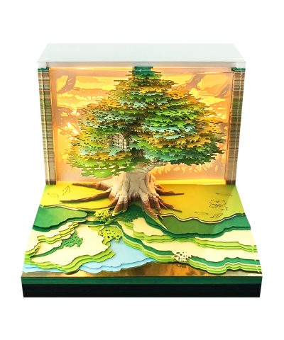 3D art calendar with realistic green tree design in paper cube shape, with LED light and loose leaf function. This desktop decoration is suitable for use as a note-taker and business gift.