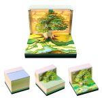 3D art calendar with realistic green tree design in paper cube shape, with LED light and loose leaf function. This desktop decoration is suitable for use as a note-taker and business gift.